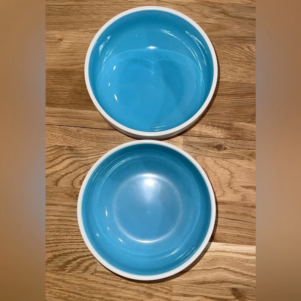 Set of 2 Crate & Barrel Brio Blue White Cereal Soup Bowls Stackable